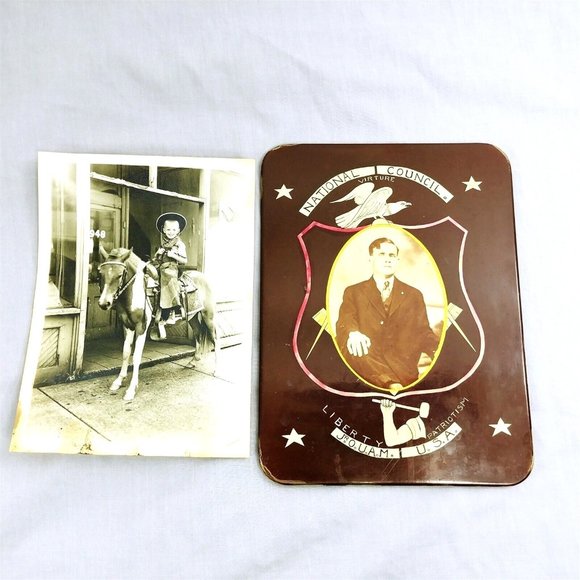 Early Twentieth Century Photos 1 Metal Mounted Masons Plaque 1 Boy on Pony 2pc - Picture 2 of 8